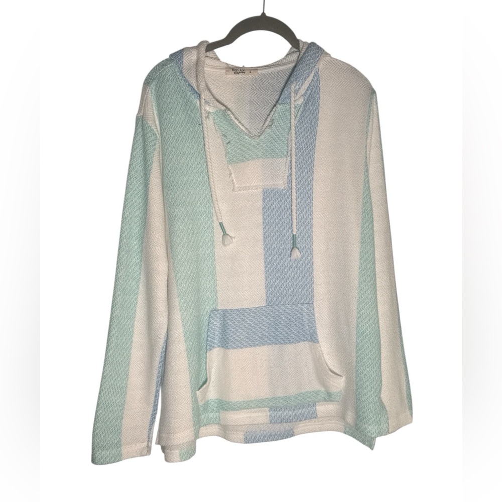 Ron Jon Surf Shop Mint Blue Striped Women top hoodie v neck‎ pocket long Sleeve